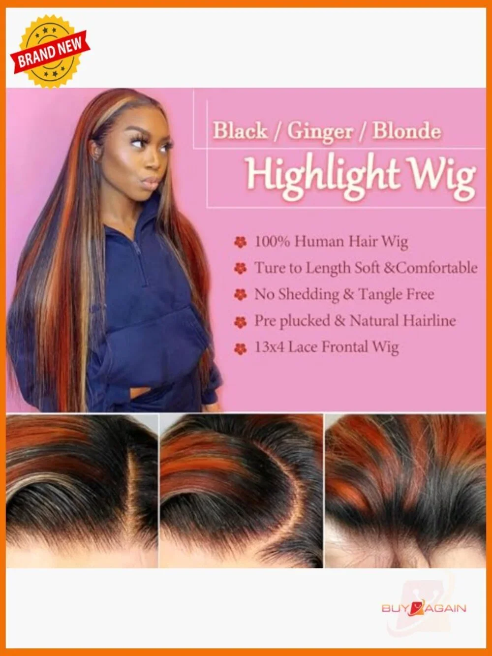 Straight Human Hair Lace Front Wig 13x4 180% Density Pre Plucked - Picture 4 of 6